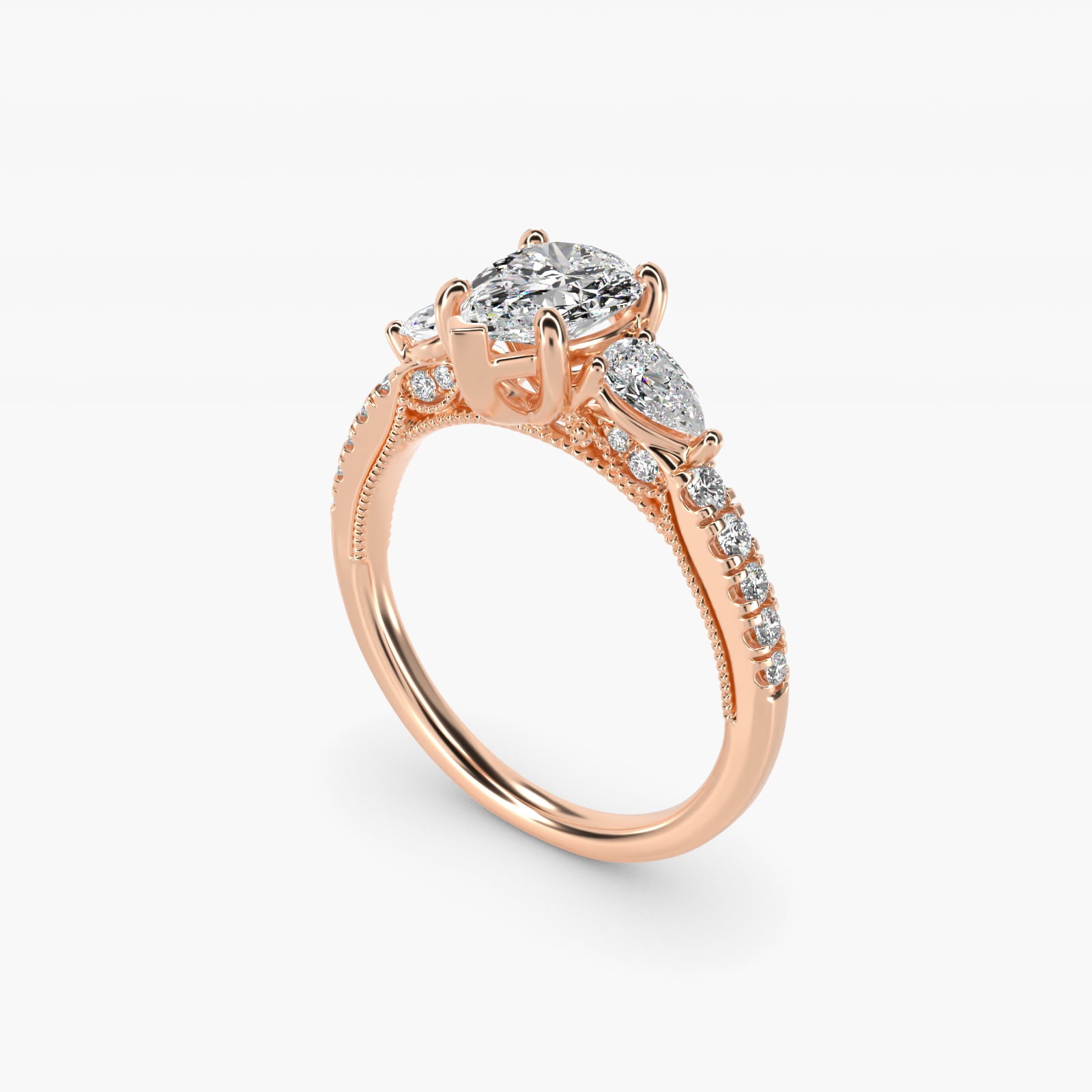 Lace Bridge Three Stone and Pave Diamond Engagement Ring in 14k Rose Gold (1/2 ct. t.w) - Pear Center