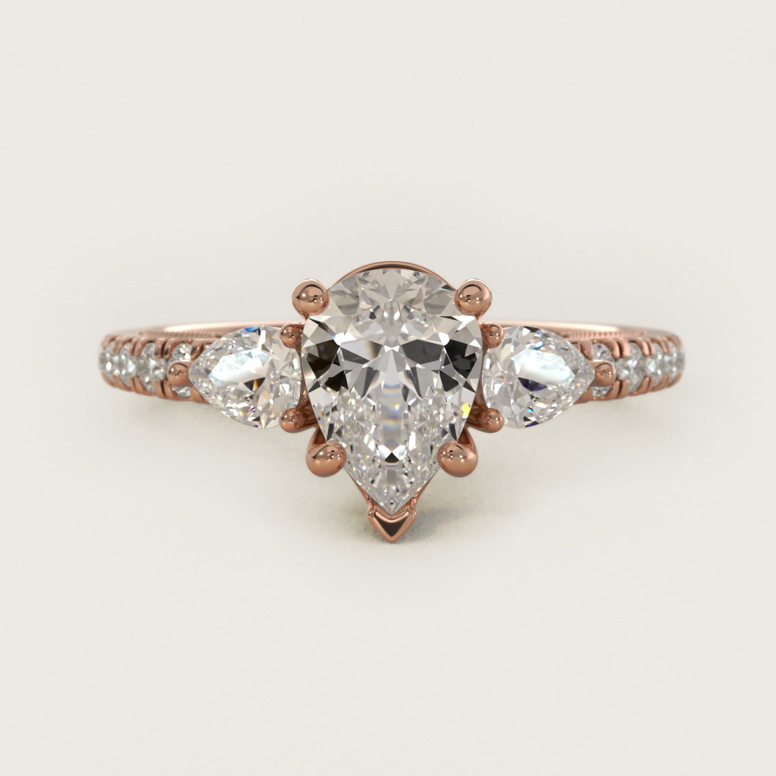Lace Bridge Three Stone and Pave Diamond Engagement Ring in 14k Rose Gold (1/2 ct. t.w) - Pear Center