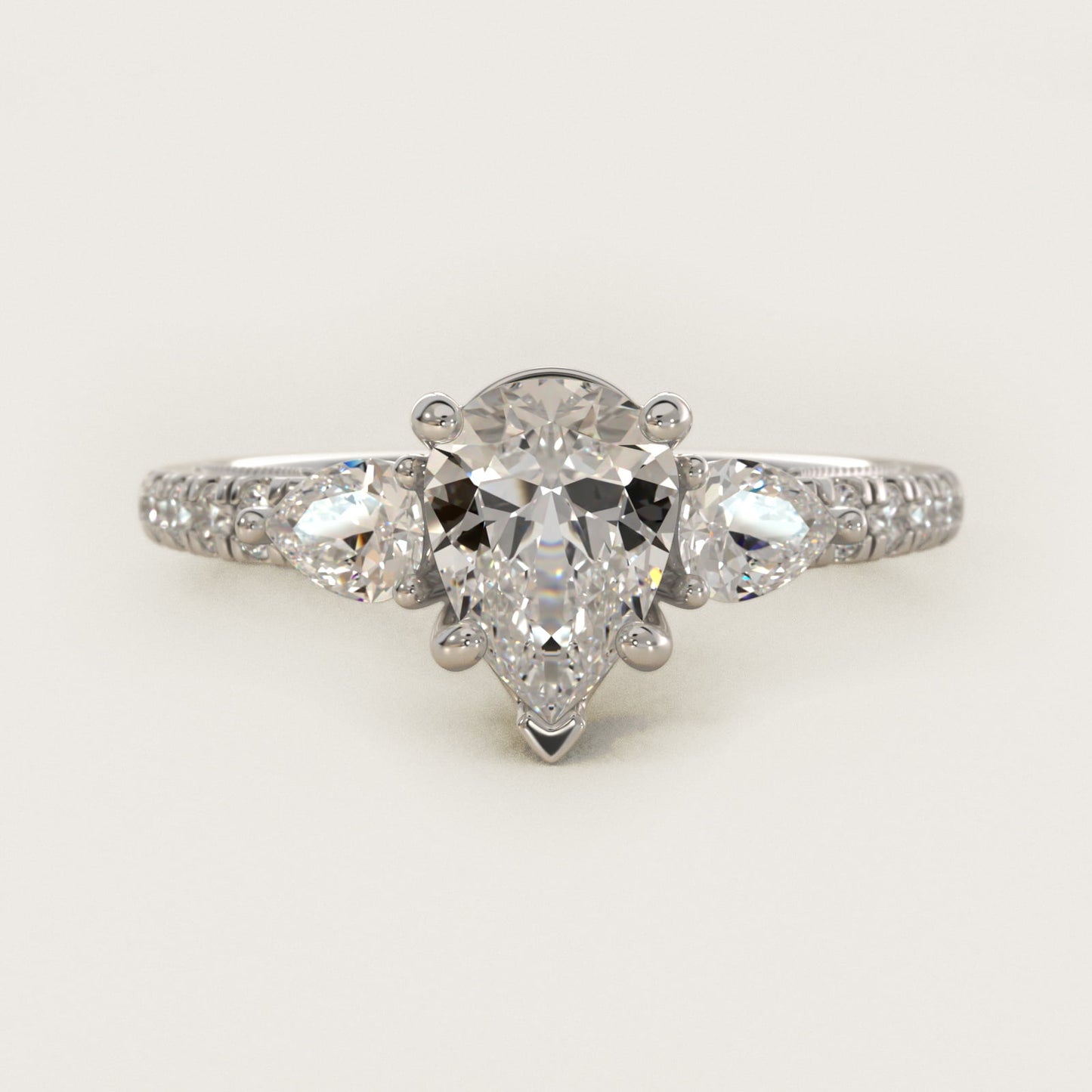 Lace Bridge Three Stone and Pave Diamond Engagement Ring in 14k White Gold (1/2 ct. t.w) - Pear Center