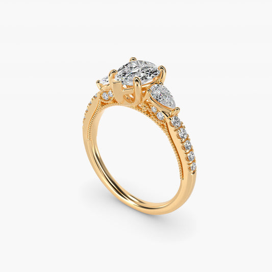 Lace Bridge Three Stone and Pave Diamond Engagement Ring in 14k Yellow Gold (1/2 ct. t.w) - Pear Center