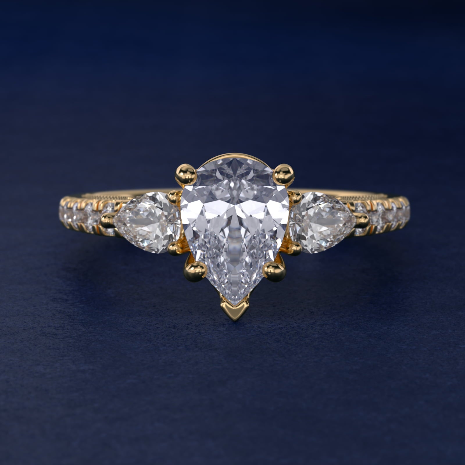 Lace Bridge Three Stone and Pave Diamond Engagement Ring in 18k Yellow Gold (1/2 ct. t.w) - Pear Center