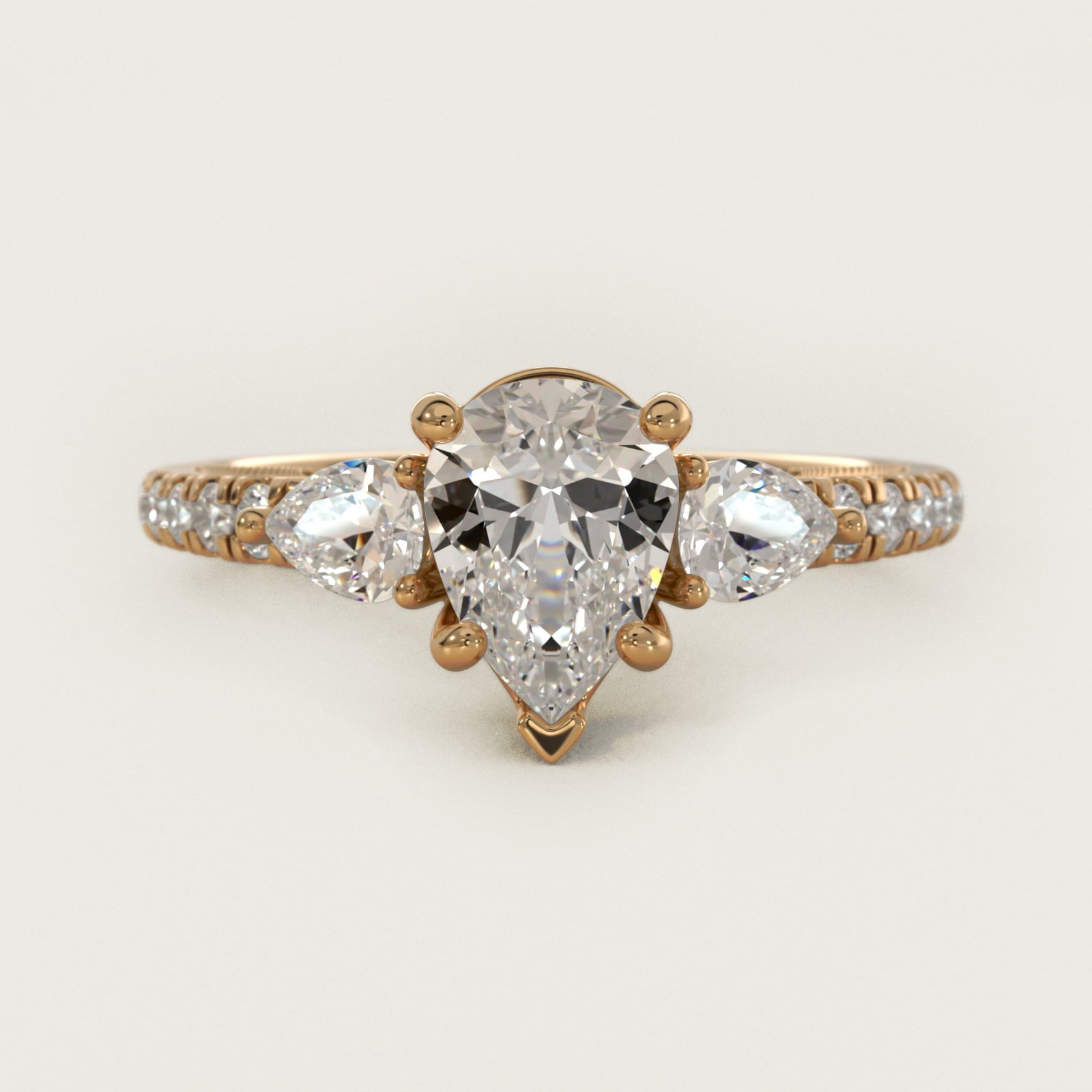 Lace Bridge Three Stone and Pave Diamond Engagement Ring in 14k Yellow Gold (1/2 ct. t.w) - Pear Center