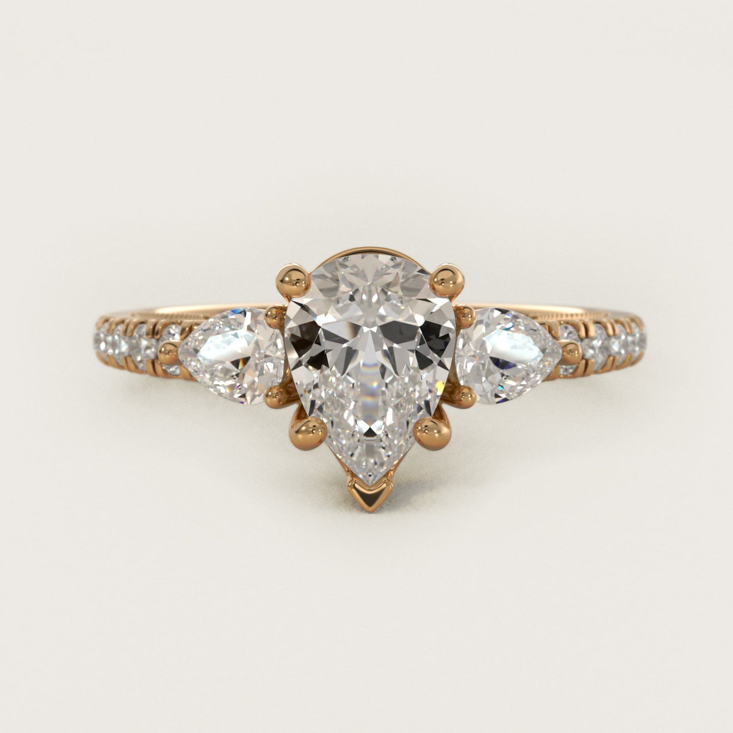 Lace Bridge Three Stone and Pave Diamond Engagement Ring in 18k Yellow Gold (1/2 ct. t.w) - Pear Center