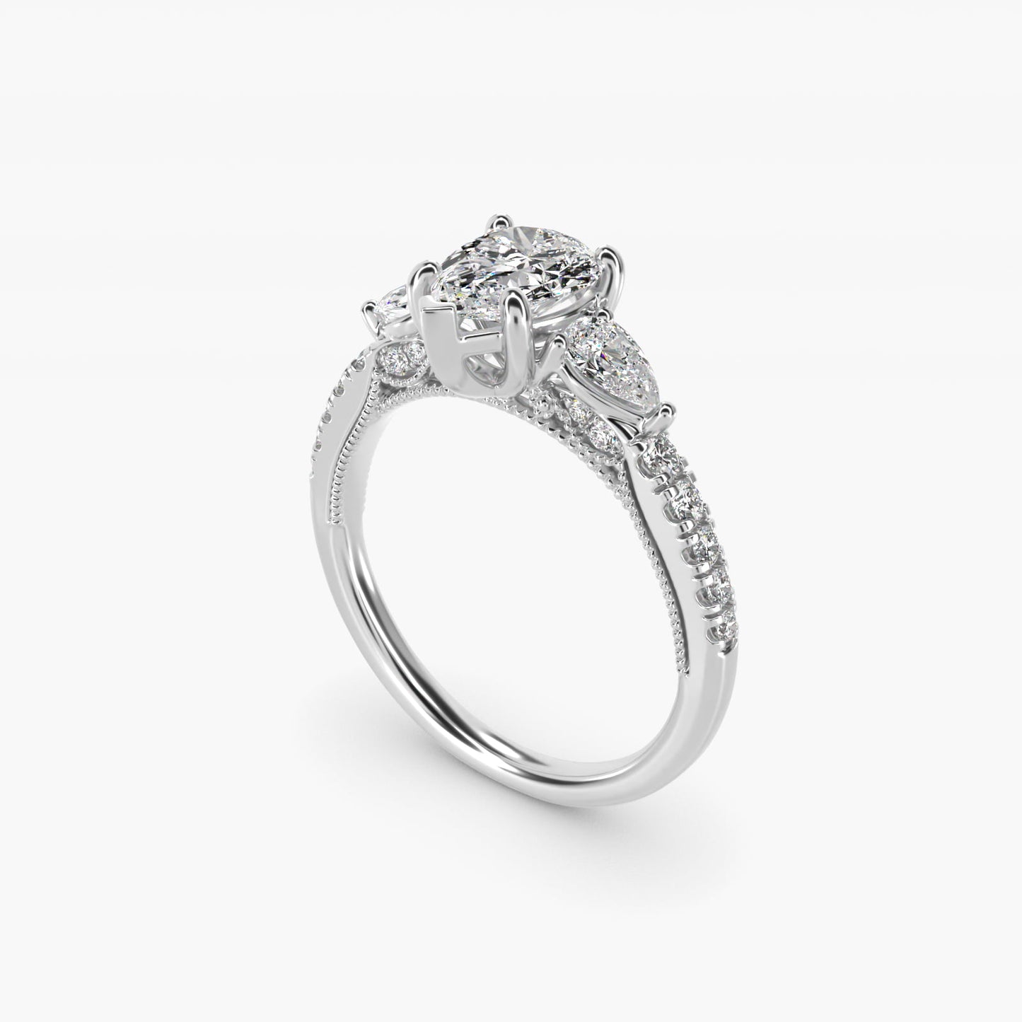 Lace Bridge Three Stone and Pave Diamond Engagement Ring in Platinum (1/2 ct. t.w) - Pear Center