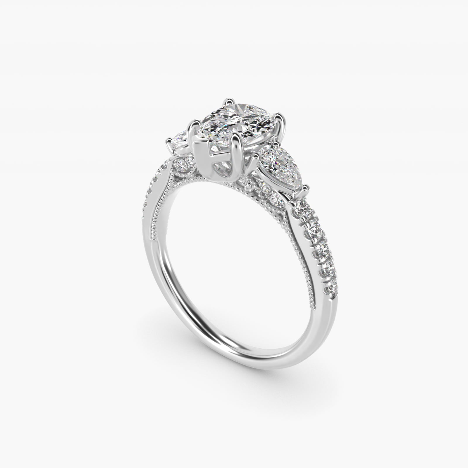 Lace Bridge Three Stone and Pave Diamond Engagement Ring in Platinum (1/2 ct. t.w) - Pear Center