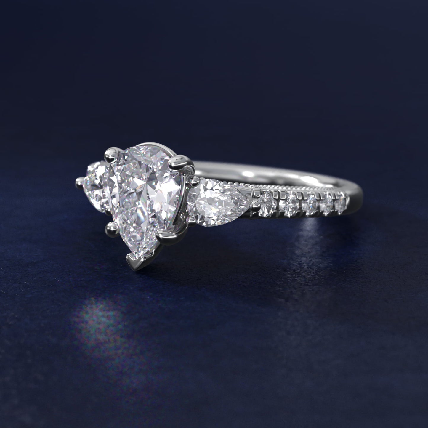 Lace Bridge Three Stone and Pave Diamond Engagement Ring in Platinum (1/2 ct. t.w) - Pear Center