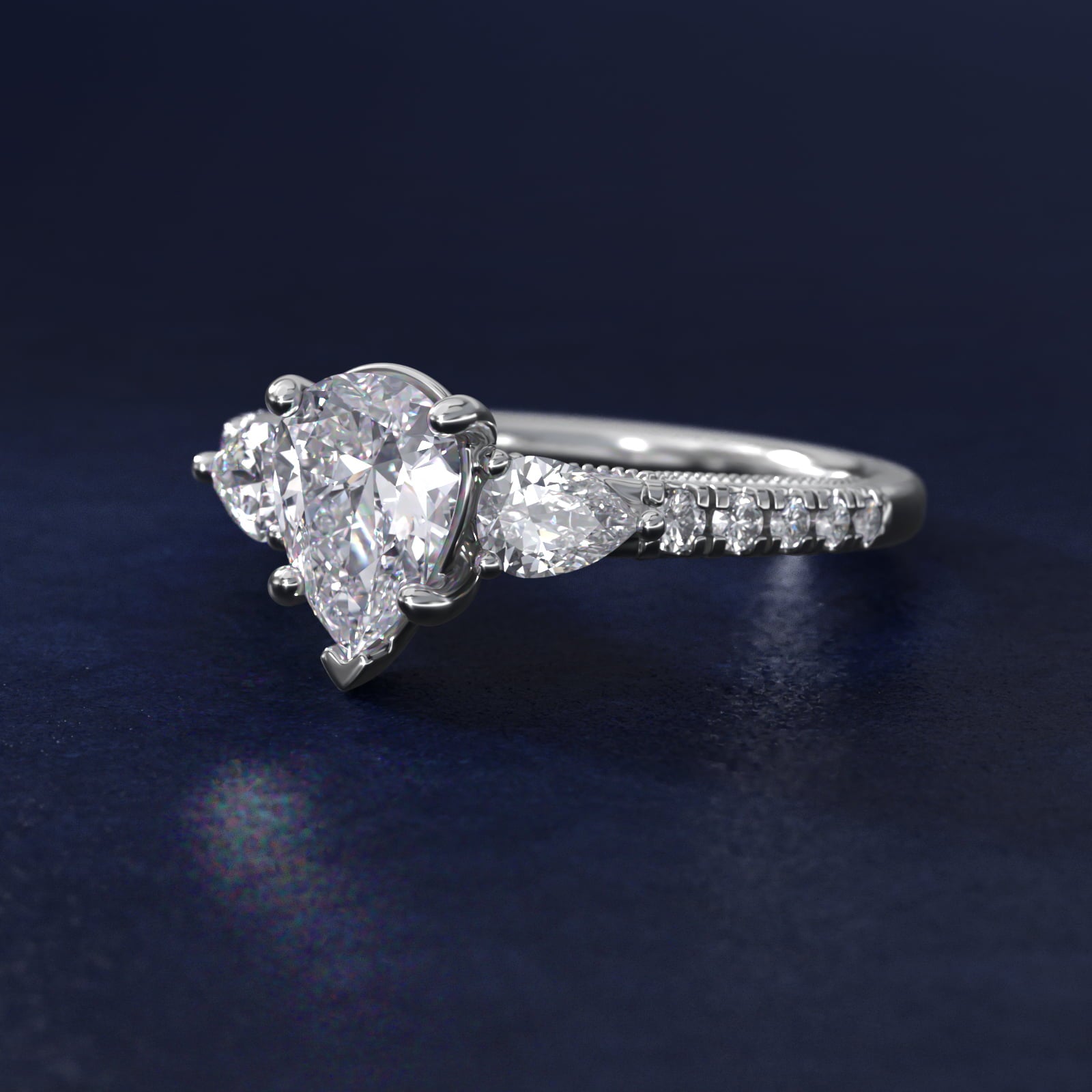 Lace Bridge Three Stone and Pave Diamond Engagement Ring in Platinum (1/2 ct. t.w) - Pear Center