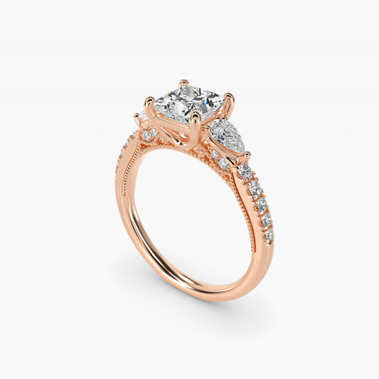 Lace Bridge Three Stone and Pave Diamond Engagement Ring in 14k Rose Gold (1/2 ct. t.w) - Princess Center