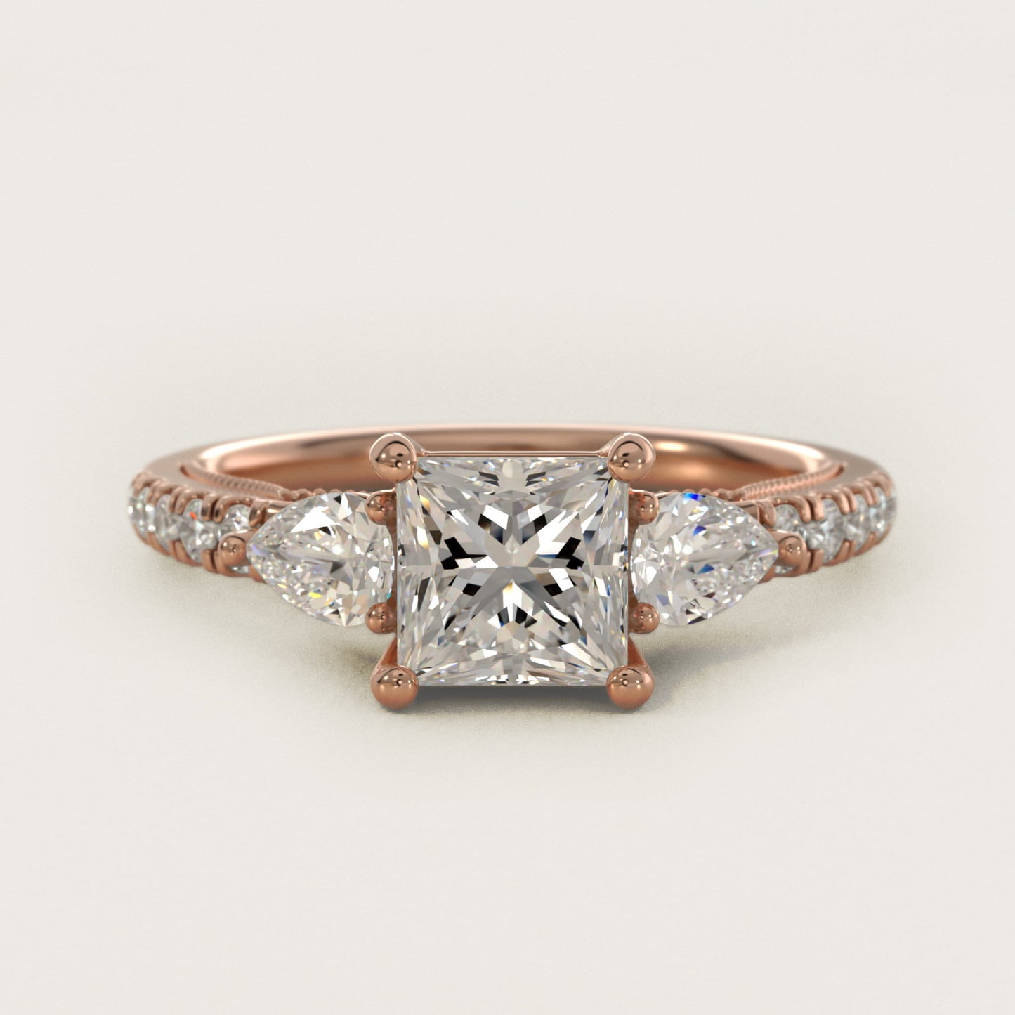 Lace Bridge Three Stone and Pave Diamond Engagement Ring in 14k Rose Gold (1/2 ct. t.w) - Princess Center