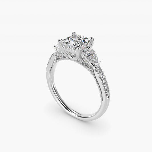 Lace Bridge Three Stone and Pave Diamond Engagement Ring in 14k White Gold (1/2 ct. t.w) - Princess Center
