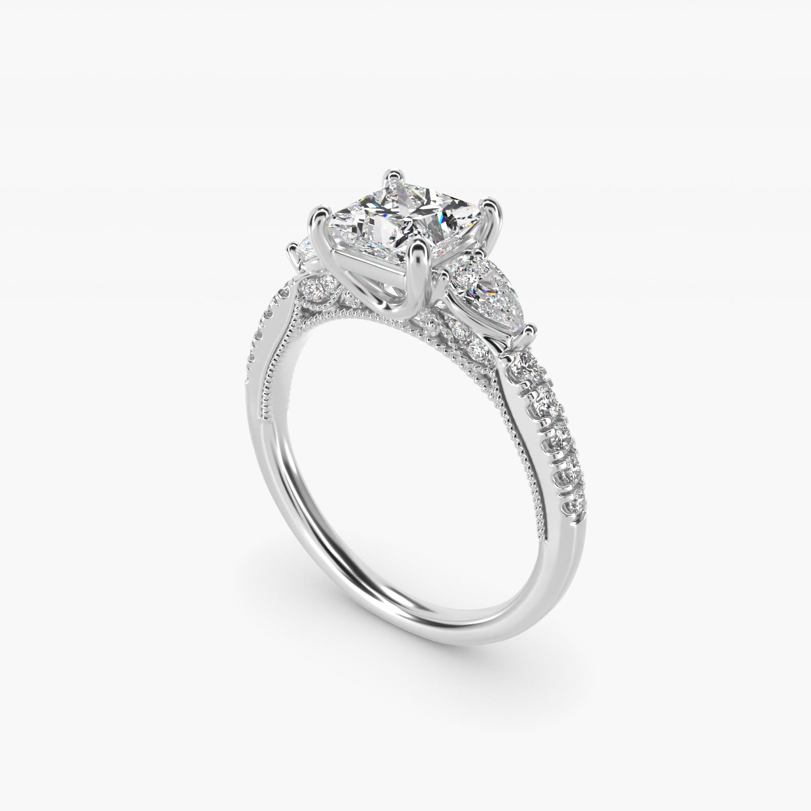 Lace Bridge Three Stone and Pave Diamond Engagement Ring in 18k White Gold (1/2 ct. t.w) - Princess Center