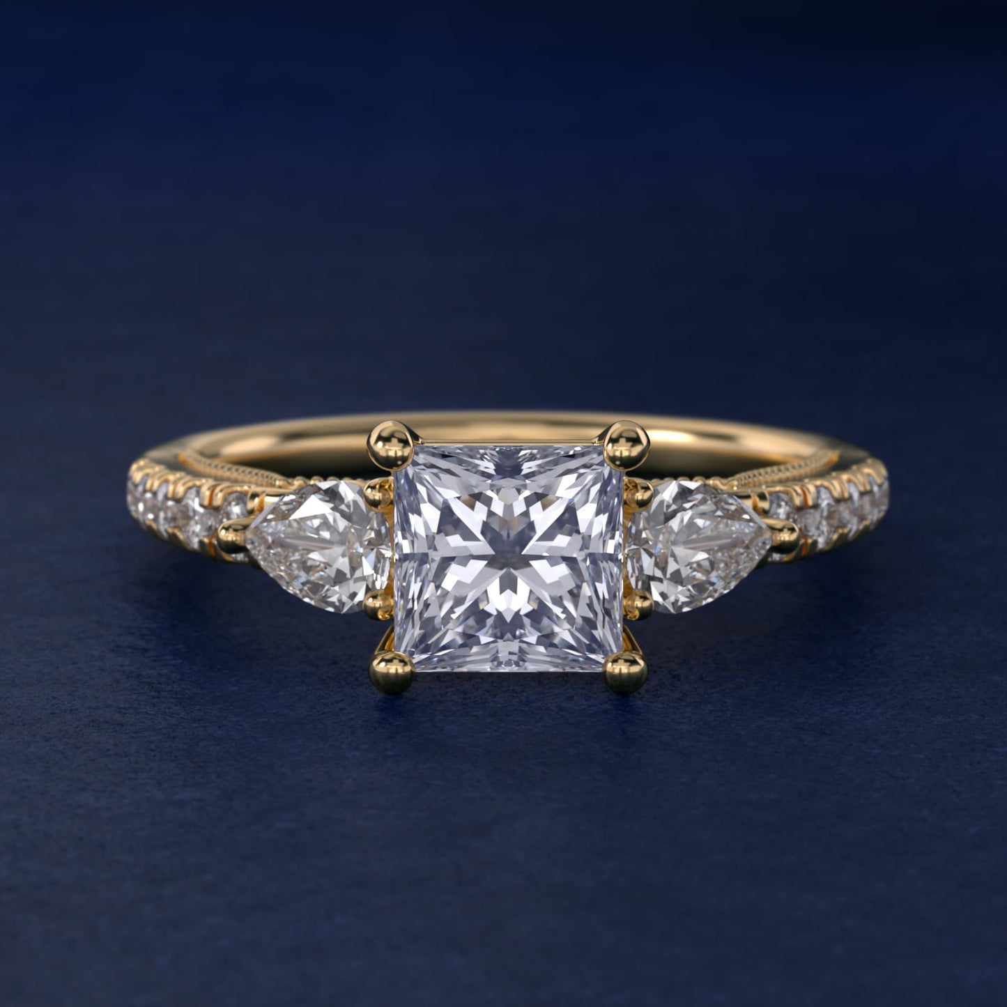 Lace Bridge Three Stone and Pave Diamond Engagement Ring in 14k Yellow Gold (1/2 ct. t.w) - Princess Center
