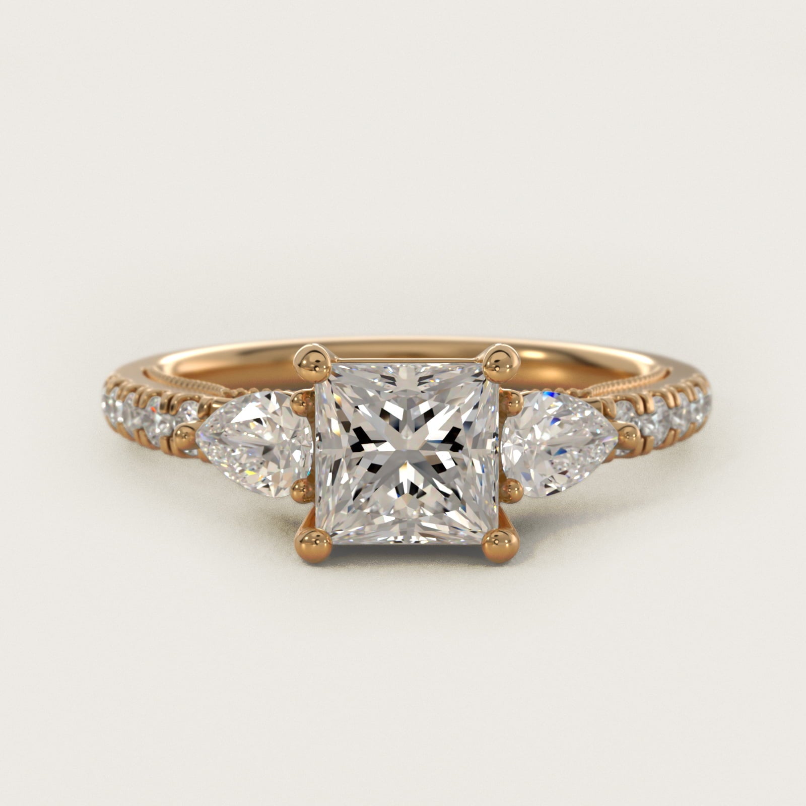 Lace Bridge Three Stone and Pave Diamond Engagement Ring in 14k Yellow Gold (1/2 ct. t.w) - Princess Center