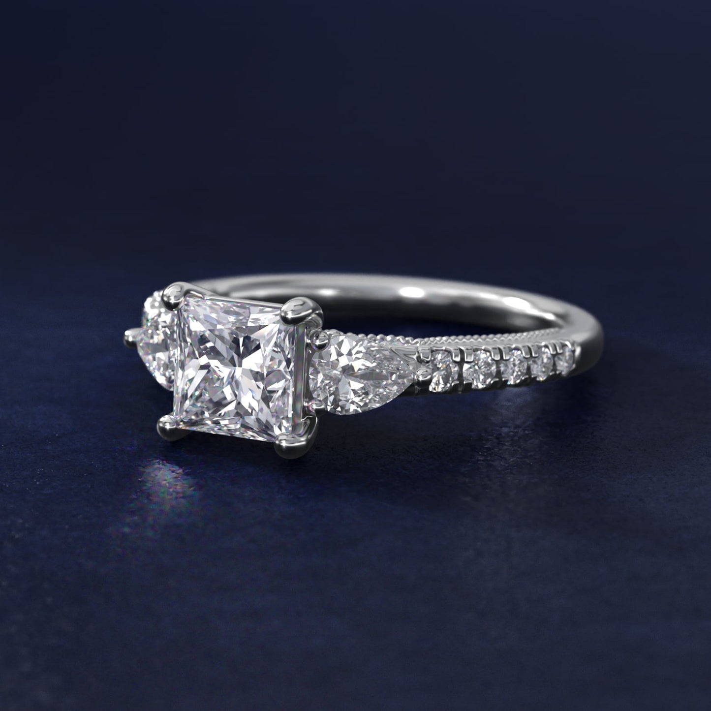 Lace Bridge Three Stone and Pave Diamond Engagement Ring in Platinum (1/2 ct. t.w) - Princess Center