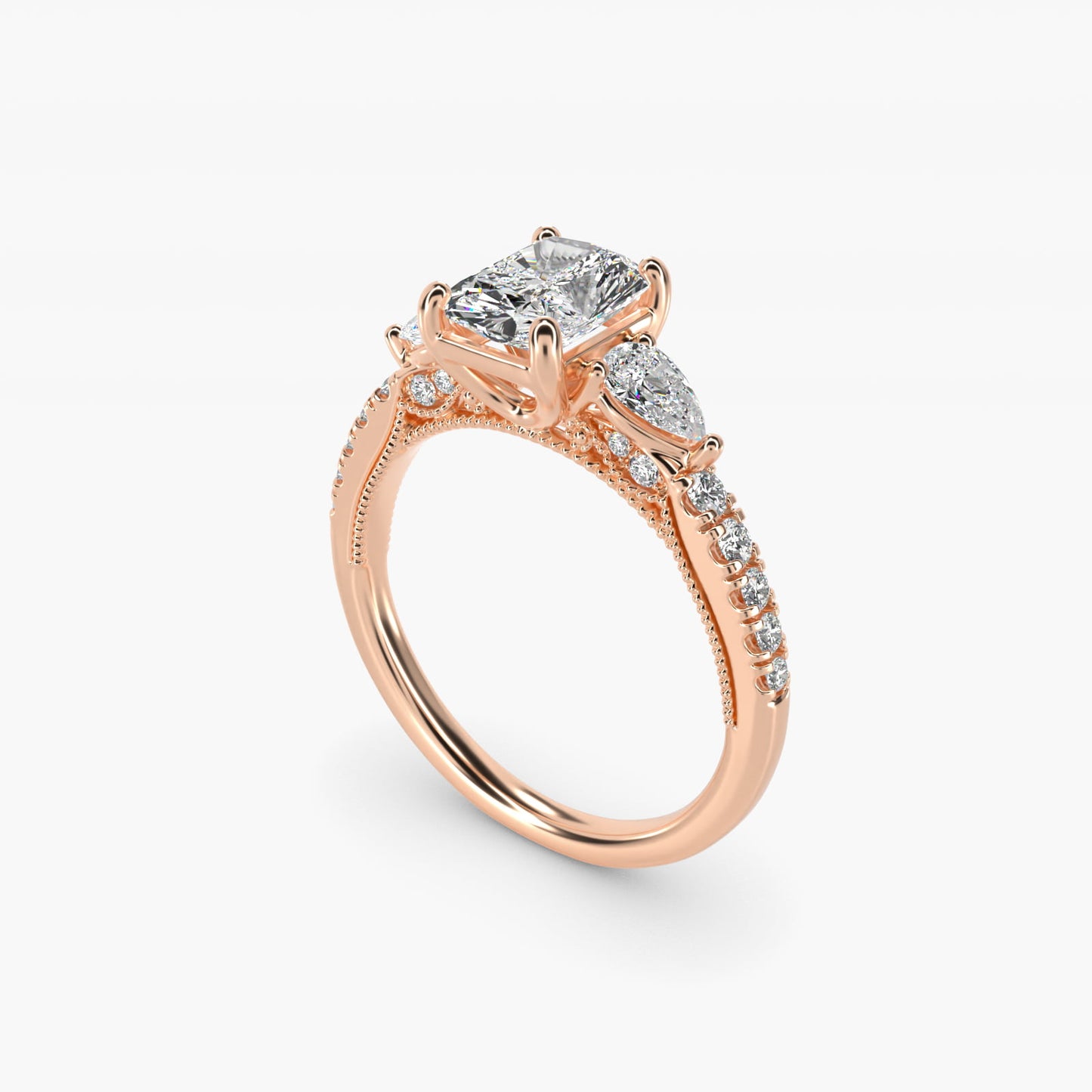 Lace Bridge Three Stone and Pave Diamond Engagement Ring in 18k Rose Gold (1/2 ct. t.w) - Radiant Center