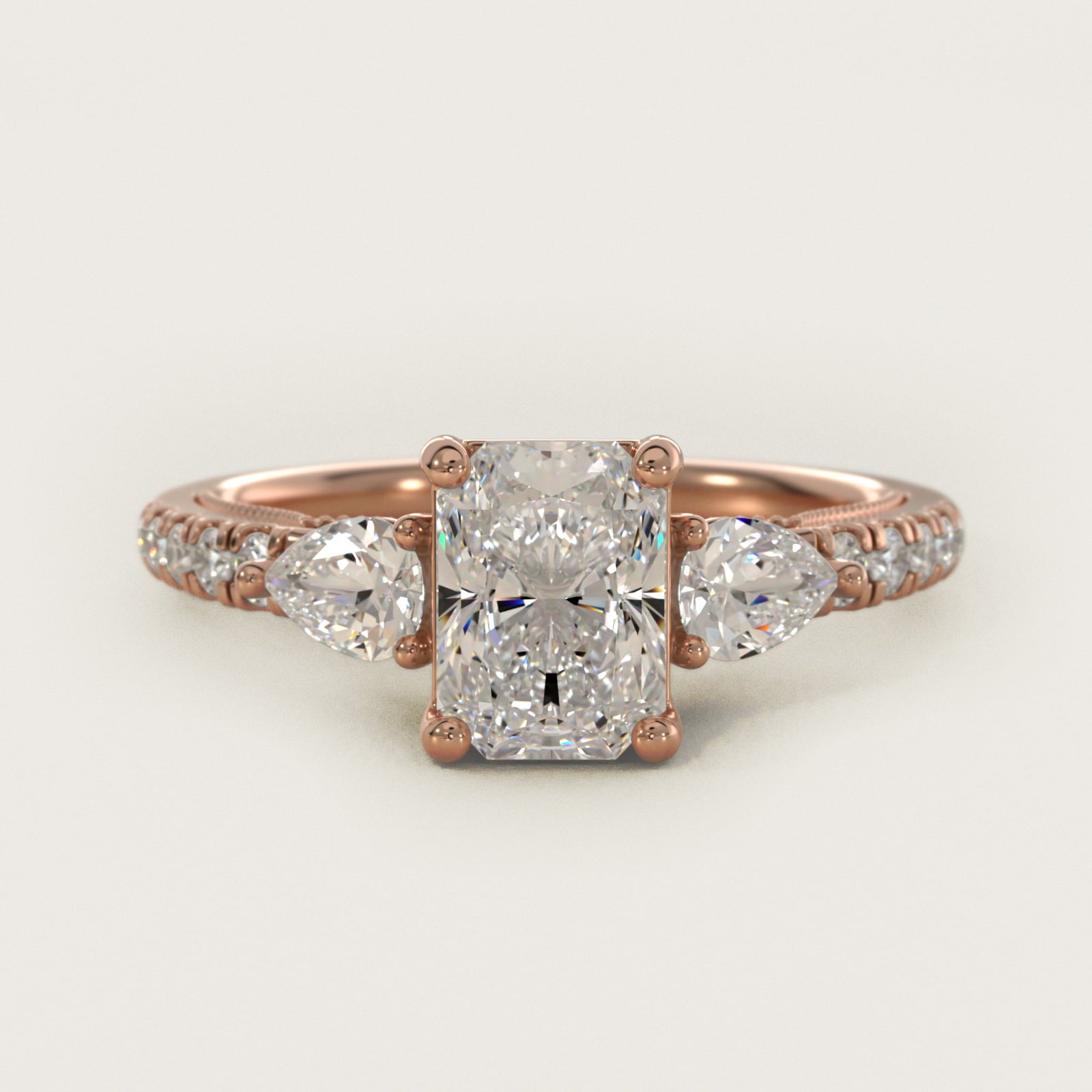 Lace Bridge Three Stone and Pave Diamond Engagement Ring in 14k Rose Gold (1/2 ct. t.w) - Radiant Center