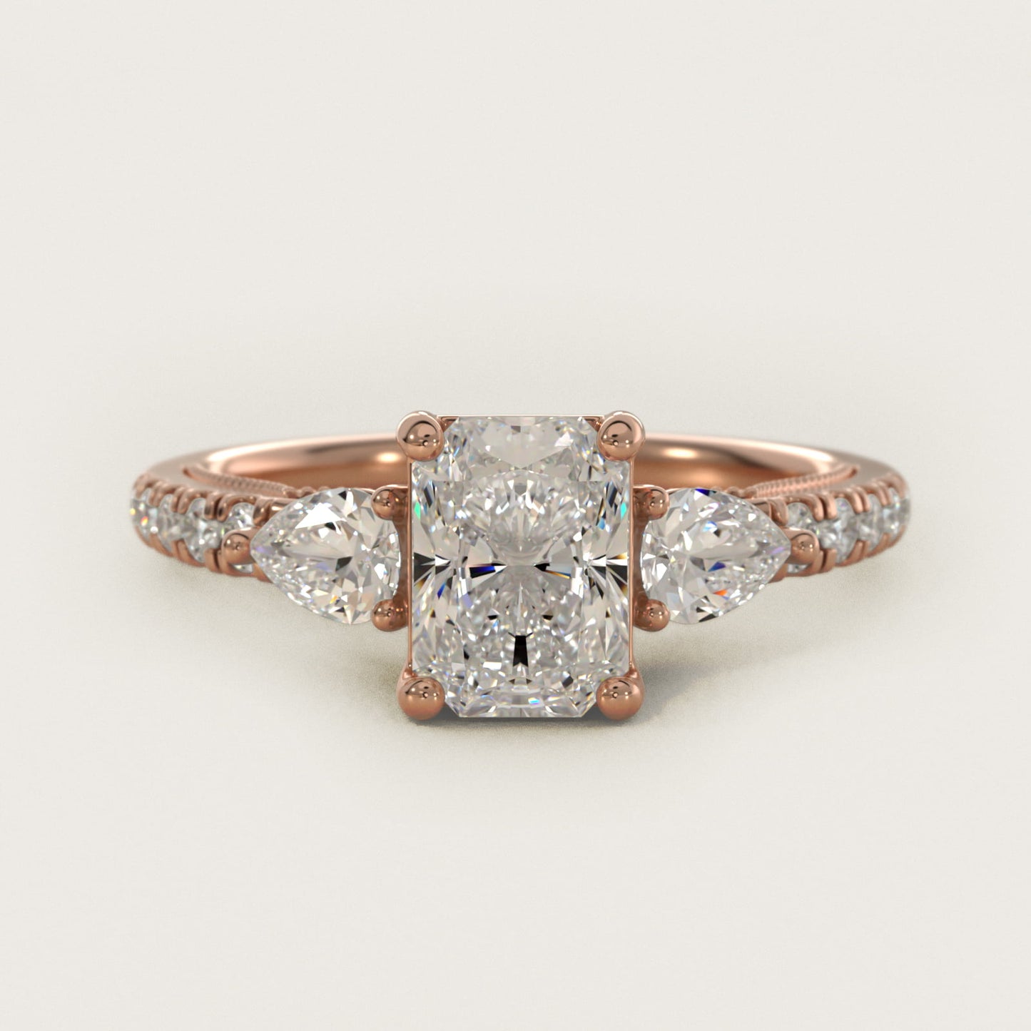 Lace Bridge Three Stone and Pave Diamond Engagement Ring in 18k Rose Gold (1/2 ct. t.w) - Radiant Center