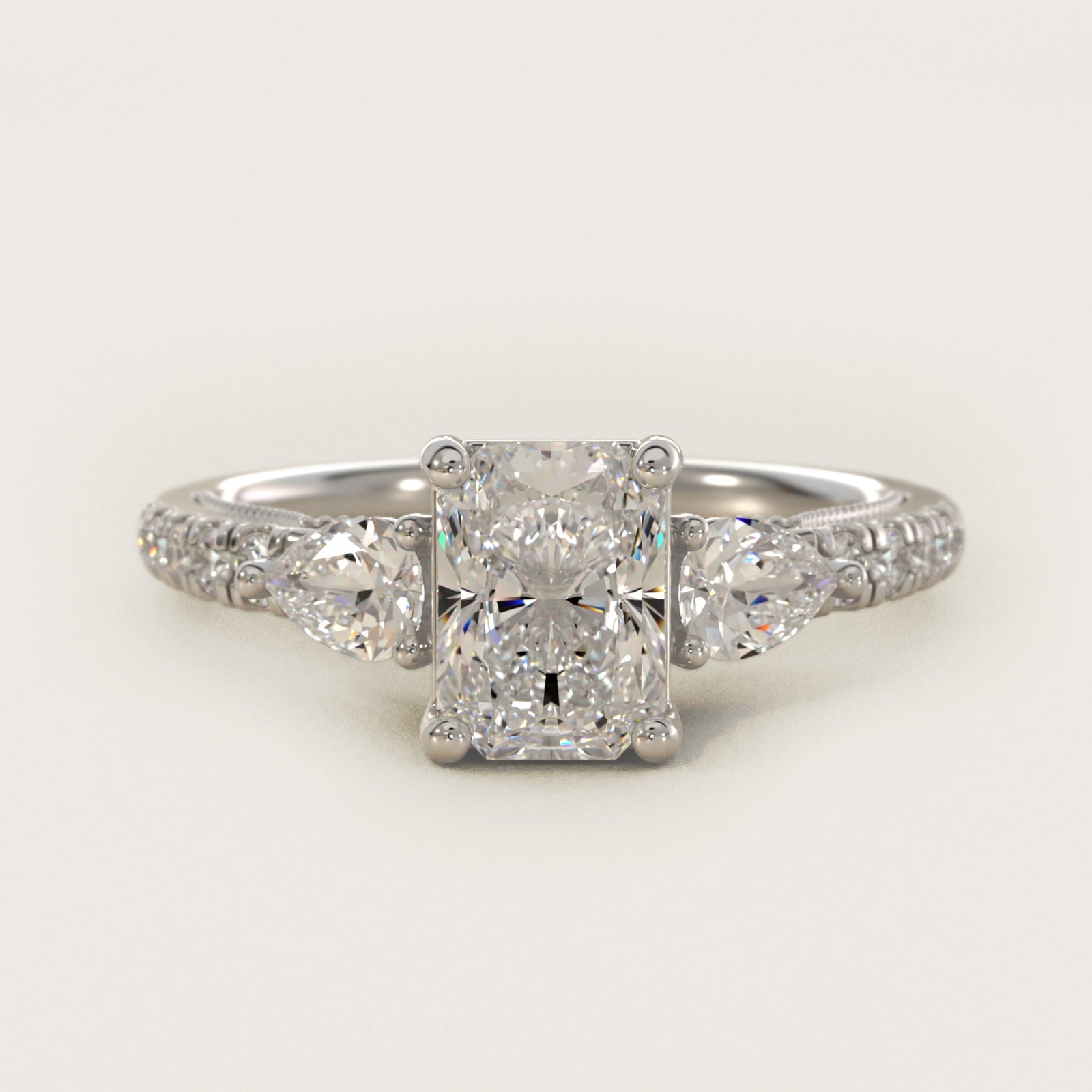Lace Bridge Three Stone and Pave Diamond Engagement Ring in 18k White Gold (1/2 ct. t.w) - Radiant Center