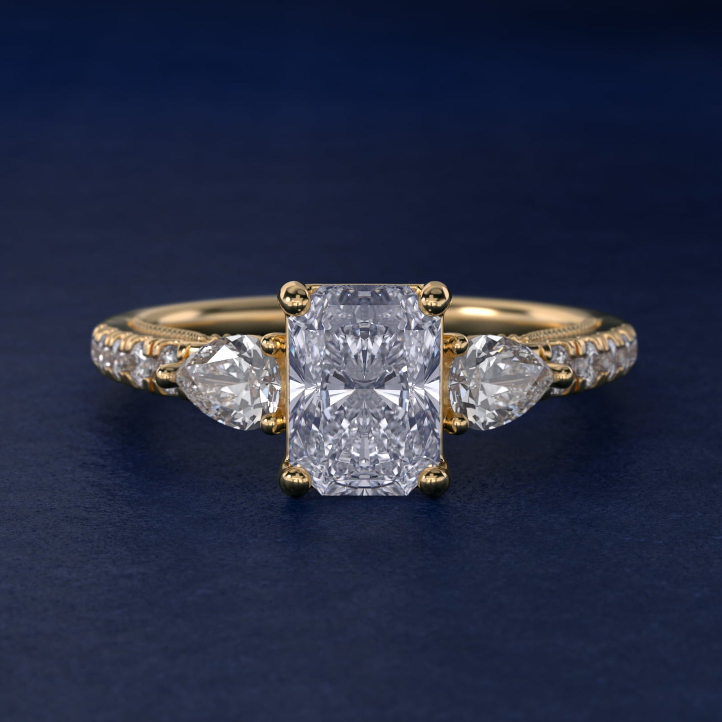 Lace Bridge Three Stone and Pave Diamond Engagement Ring in 18k Yellow Gold (1/2 ct. t.w) - Radiant Center