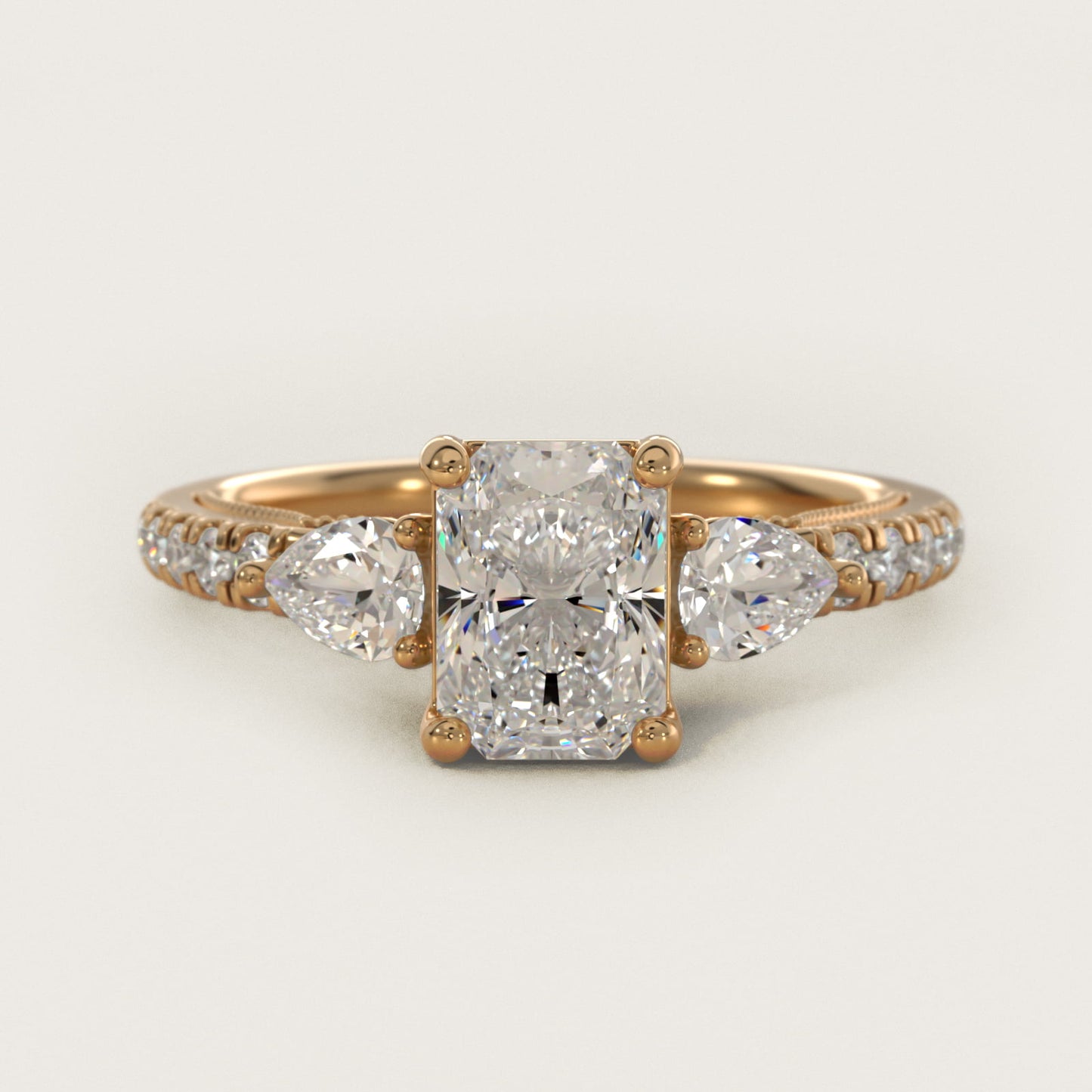 Lace Bridge Three Stone and Pave Diamond Engagement Ring in 14k Yellow Gold (1/2 ct. t.w) - Radiant Center