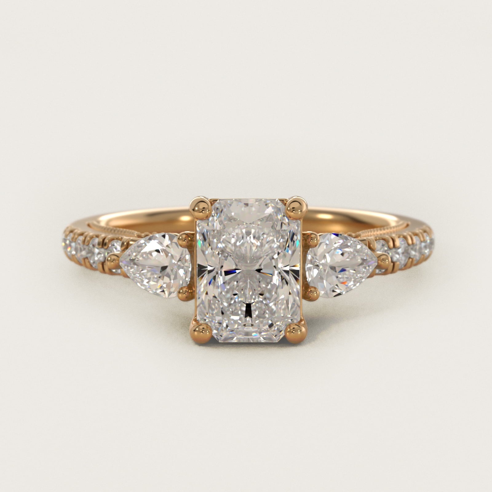 Lace Bridge Three Stone and Pave Diamond Engagement Ring in 14k Yellow Gold (1/2 ct. t.w) - Radiant Center