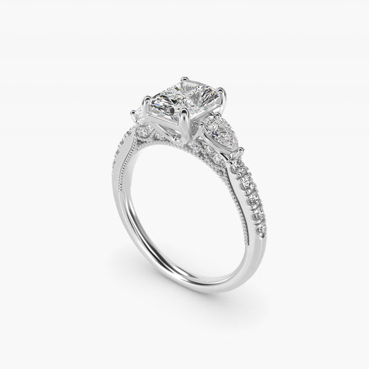 Lace Bridge Three Stone and Pave Diamond Engagement Ring in Platinum (1/2 ct. t.w) - Radiant Center