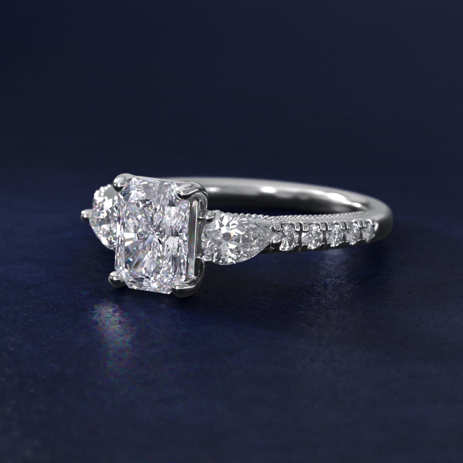 Lace Bridge Three Stone and Pave Diamond Engagement Ring in Platinum (1/2 ct. t.w) - Radiant Center