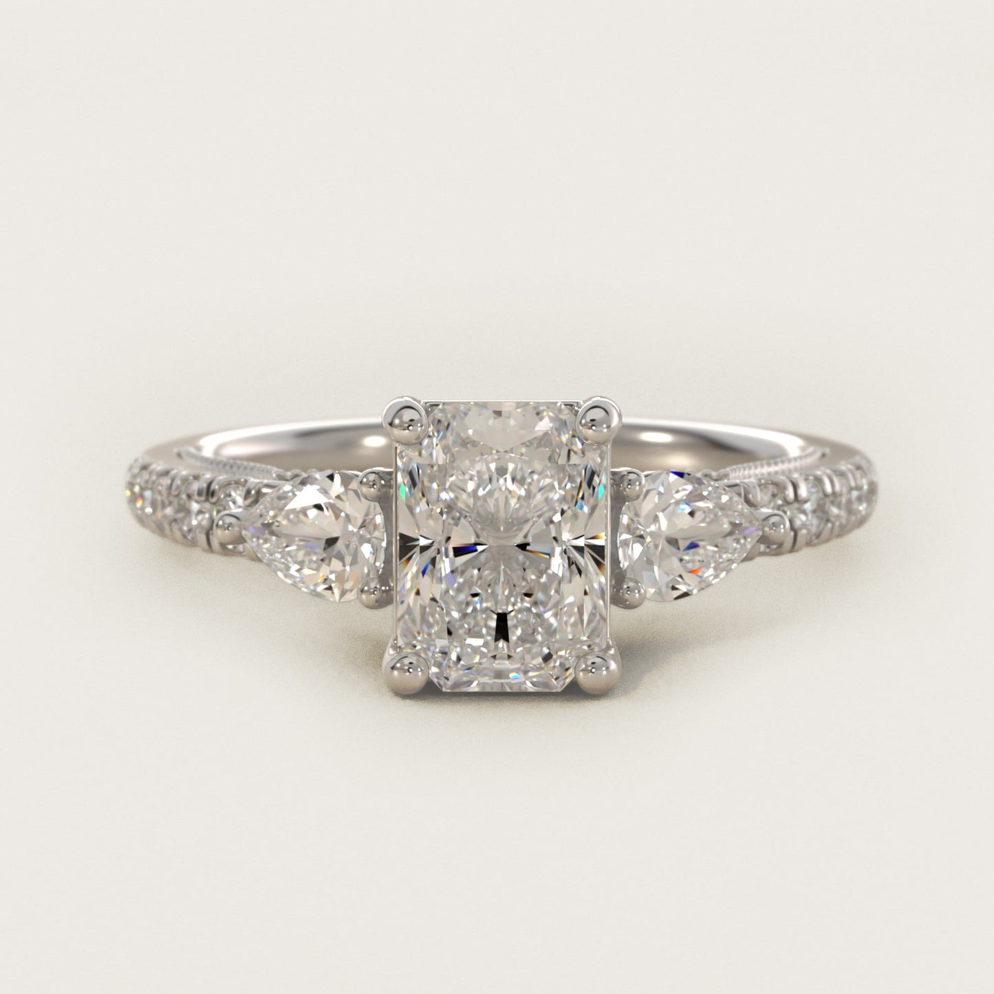 Lace Bridge Three Stone and Pave Diamond Engagement Ring in Platinum (1/2 ct. t.w) - Radiant Center