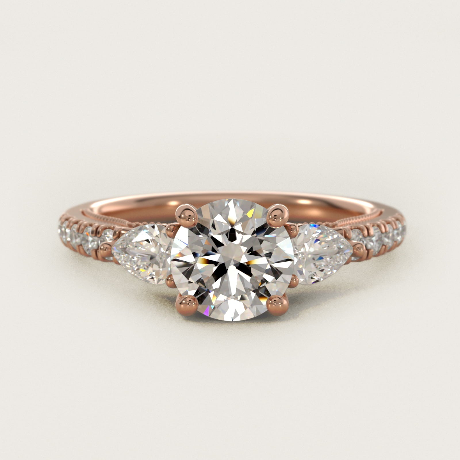 Lace Bridge Three Stone and Pave Diamond Engagement Ring in 14k Rose Gold (1/2 ct. t.w) - Round Center