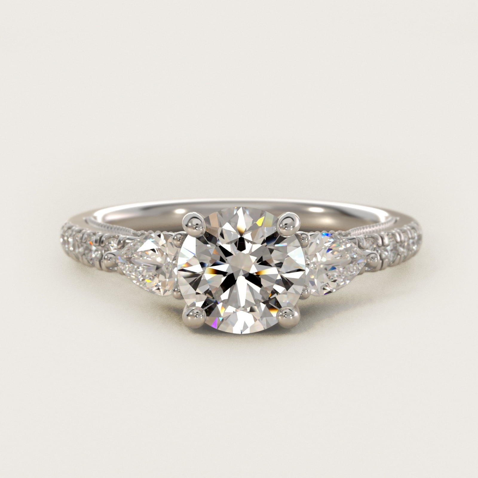 Lace Bridge Three Stone and Pave Diamond Engagement Ring in 18k White Gold (1/2 ct. t.w) - Round Center