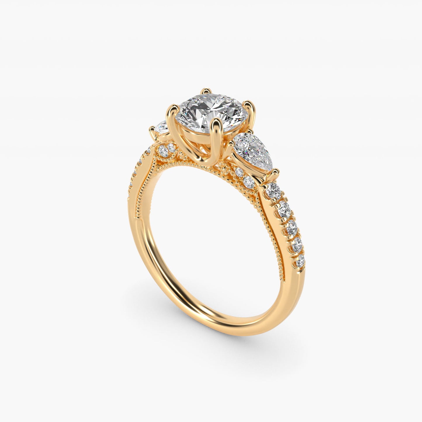 Lace Bridge Three Stone and Pave Diamond Engagement Ring in 14k Yellow Gold (1/2 ct. t.w) - Round Center