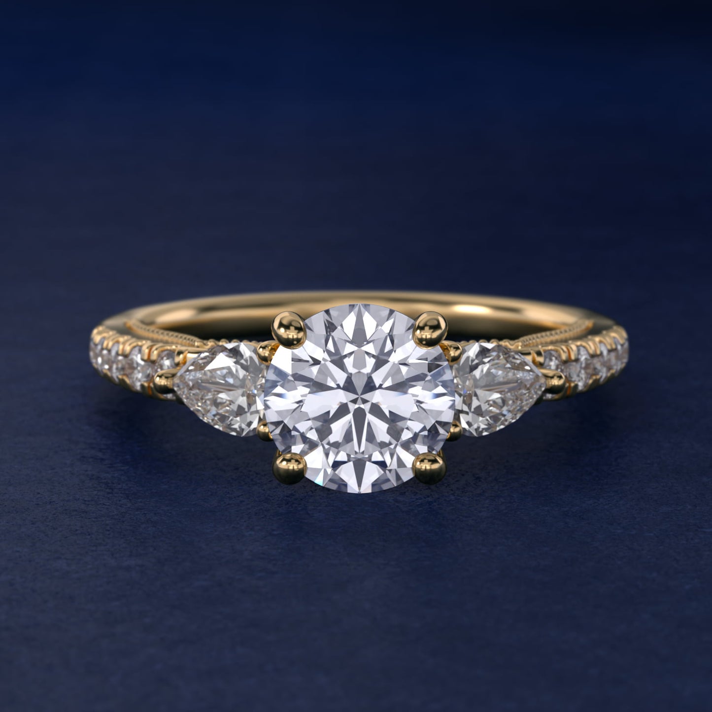 Lace Bridge Three Stone and Pave Diamond Engagement Ring in 18k Yellow Gold (1/2 ct. t.w) - Round Center