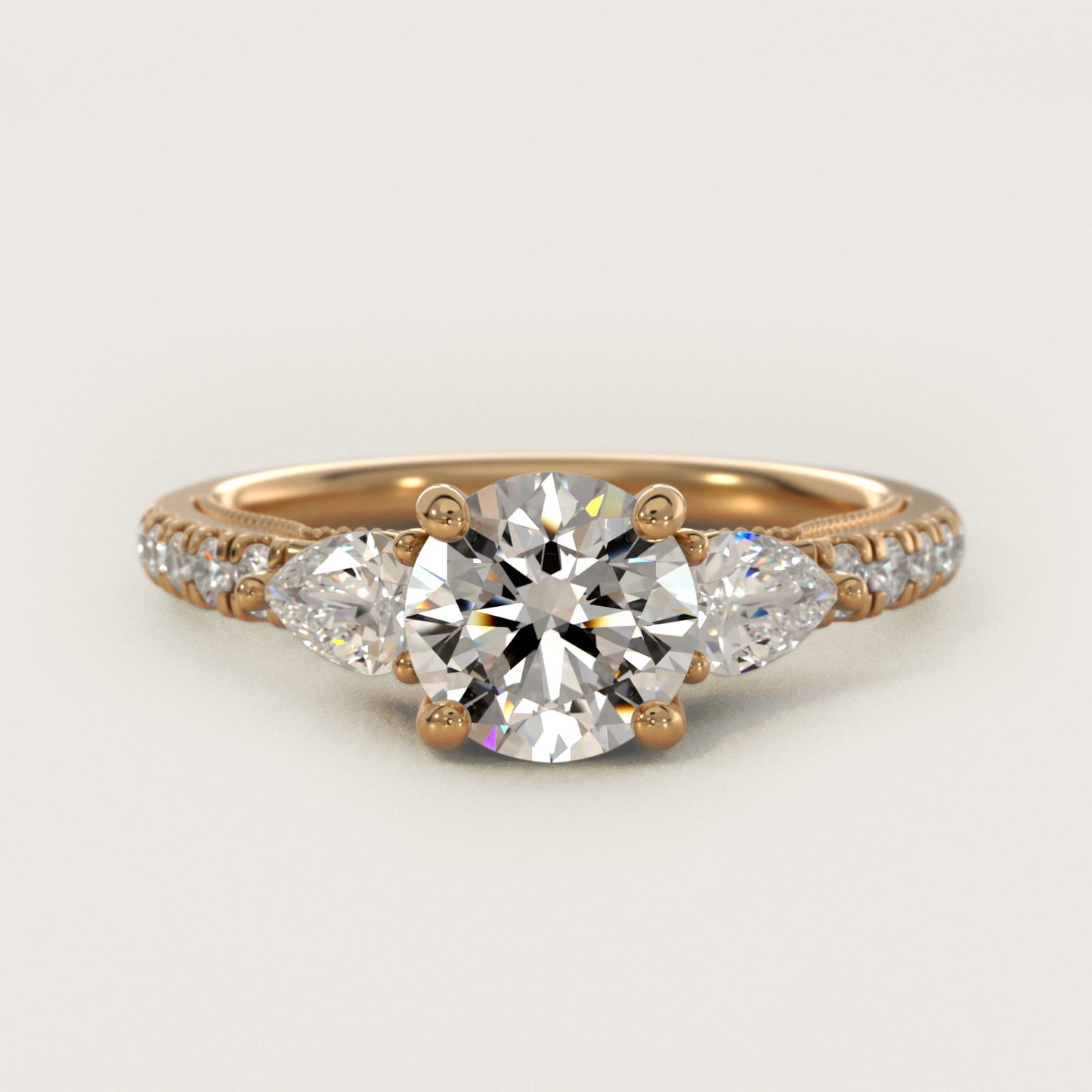 Lace Bridge Three Stone and Pave Diamond Engagement Ring in 14k Yellow Gold (1/2 ct. t.w) - Round Center