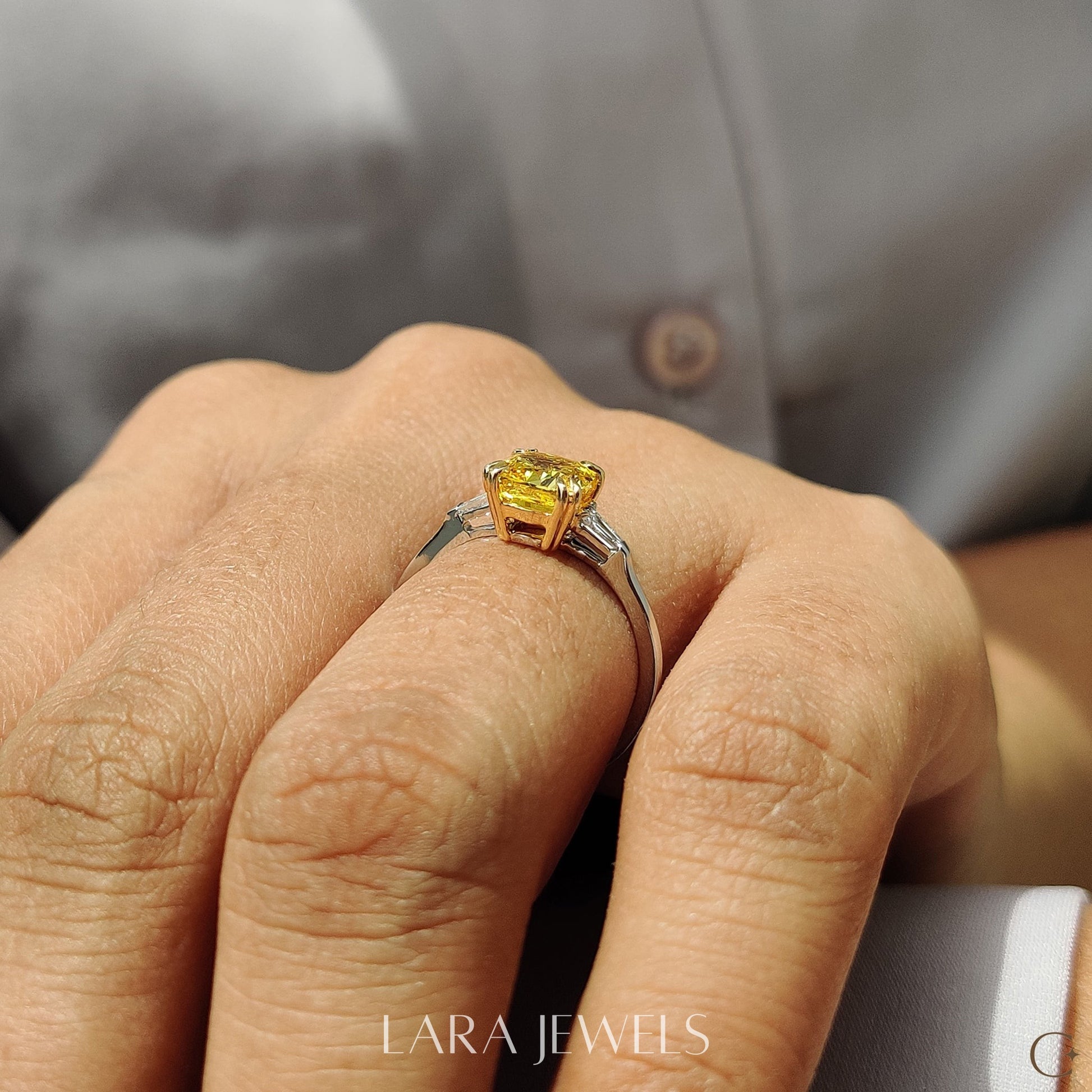 Lab grown cushion engagement ring in Cushion & Baguette, available in Silver. IGI certified, ethically sourced, handcrafted at Lara Jewels.