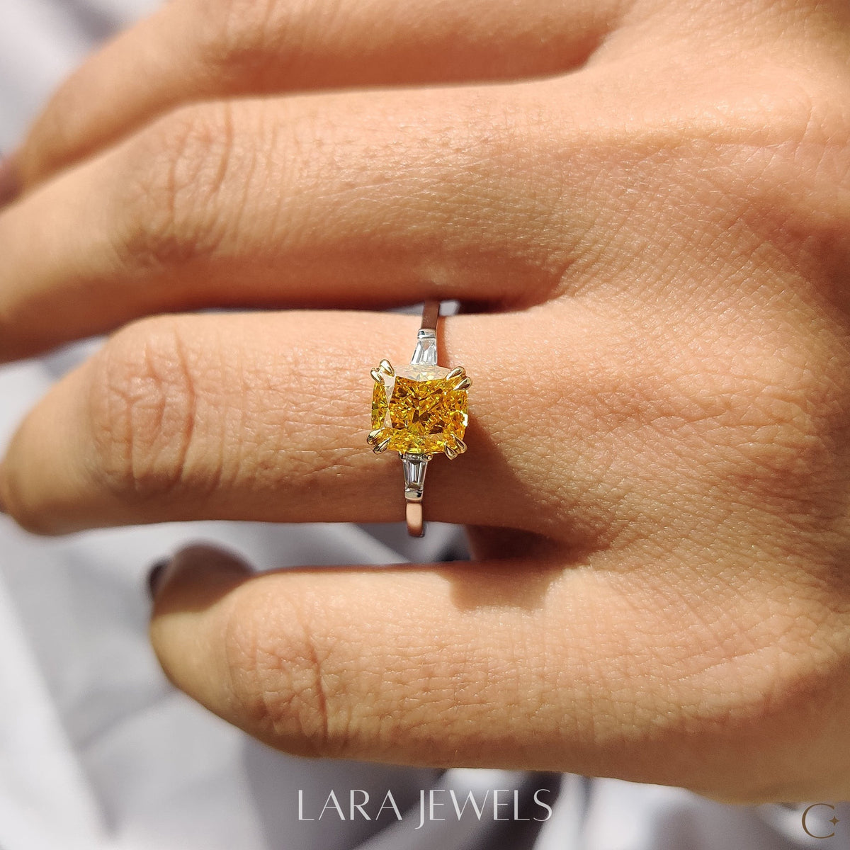 Lab grown cushion engagement ring in Cushion & Baguette, available in Silver. IGI certified, ethically sourced, handcrafted at Lara Jewels.
