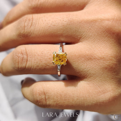 Lab grown cushion engagement ring in Cushion & Baguette, available in Silver. IGI certified, ethically sourced, handcrafted at Lara Jewels.