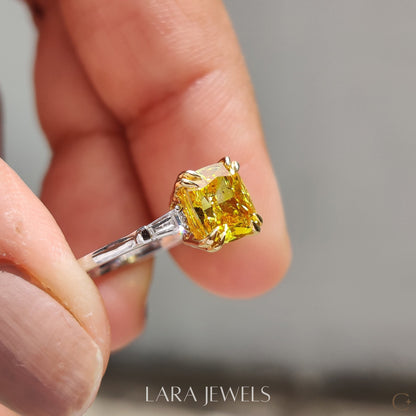 Lab grown cushion engagement ring in Cushion & Baguette, available in Silver. IGI certified, ethically sourced, handcrafted at Lara Jewels.