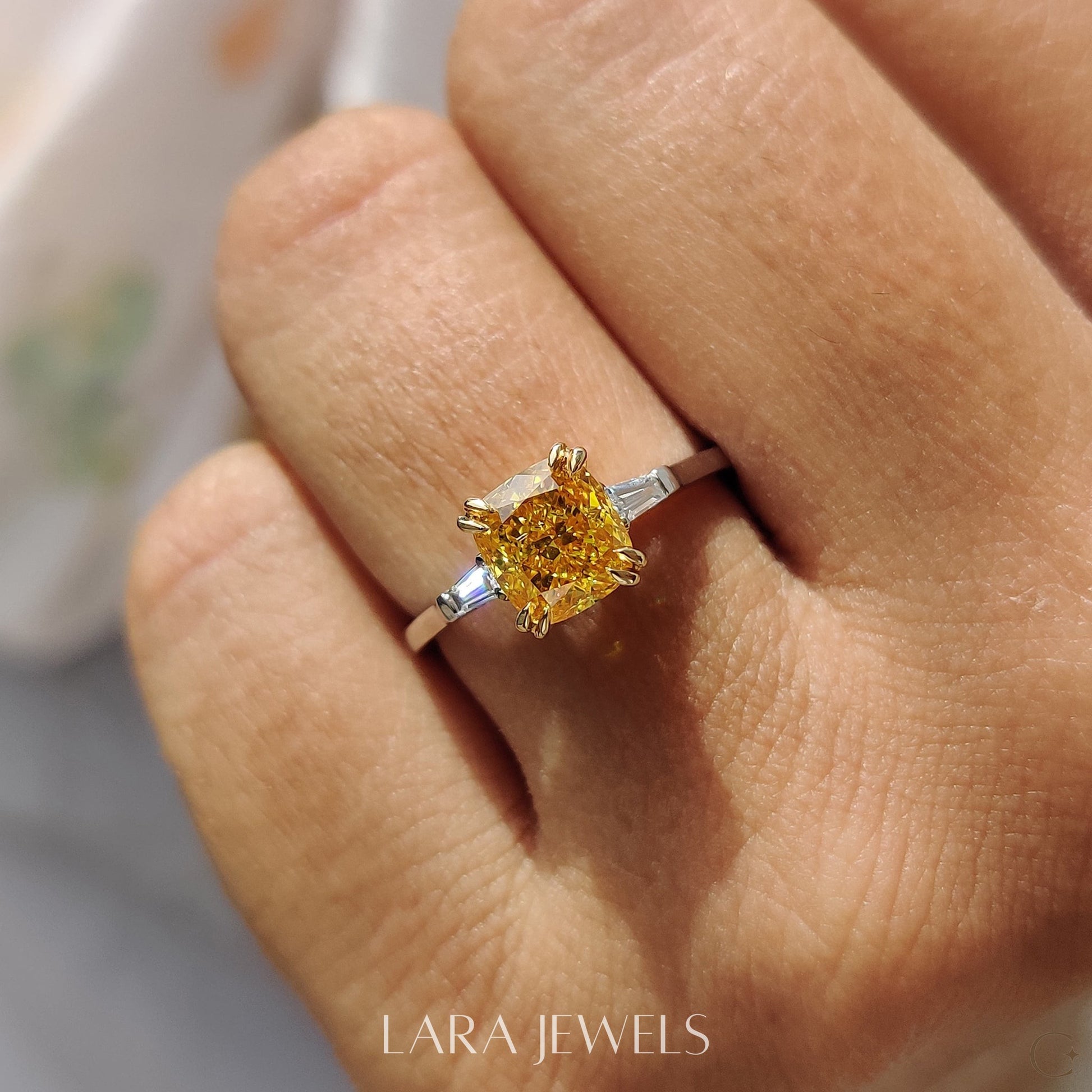 Lab grown cushion engagement ring in Cushion & Baguette, available in Silver. IGI certified, ethically sourced, handcrafted at Lara Jewels.
