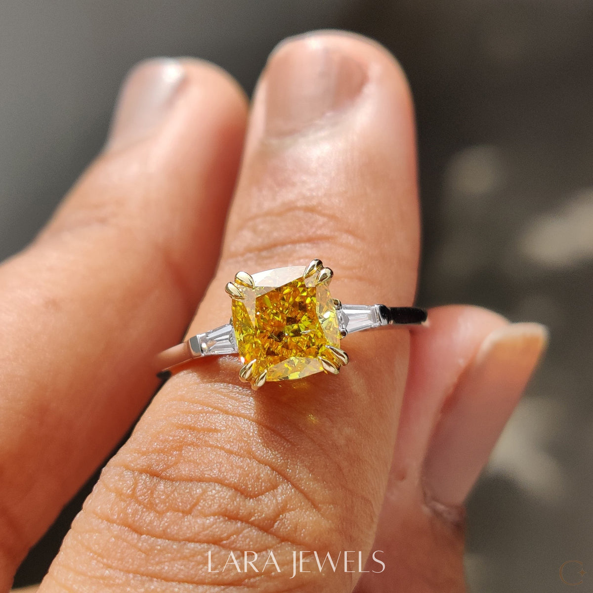 Lab grown cushion engagement ring in Cushion & Baguette, available in Silver. IGI certified, ethically sourced, handcrafted at Lara Jewels.