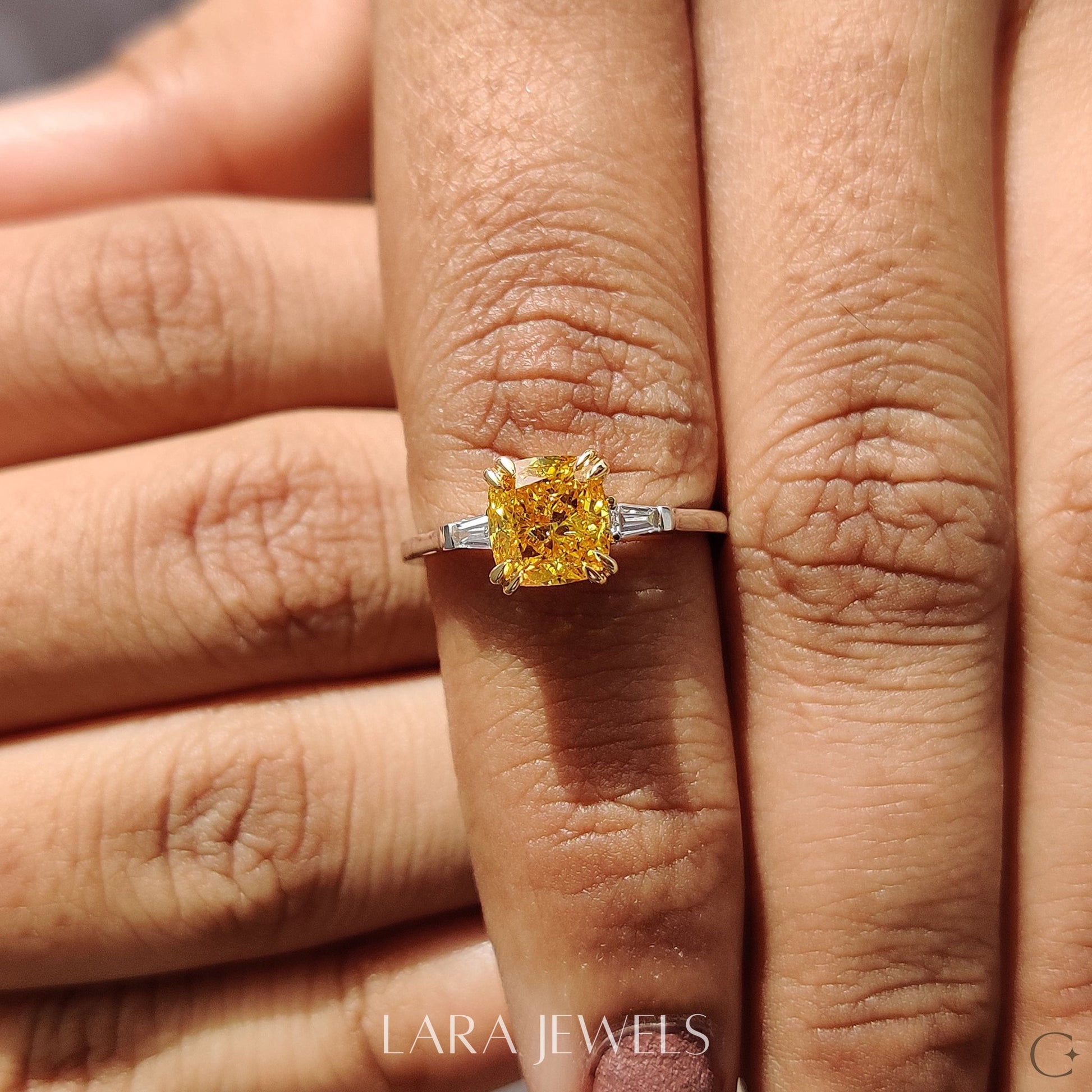 Lab grown cushion engagement ring in Cushion & Baguette, available in Silver. IGI certified, ethically sourced, handcrafted at Lara Jewels.