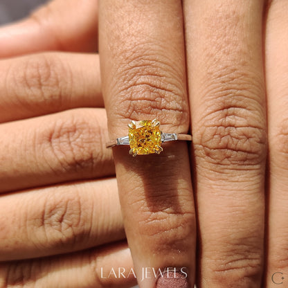 Lab grown cushion engagement ring in Cushion & Baguette, available in Silver. IGI certified, ethically sourced, handcrafted at Lara Jewels.