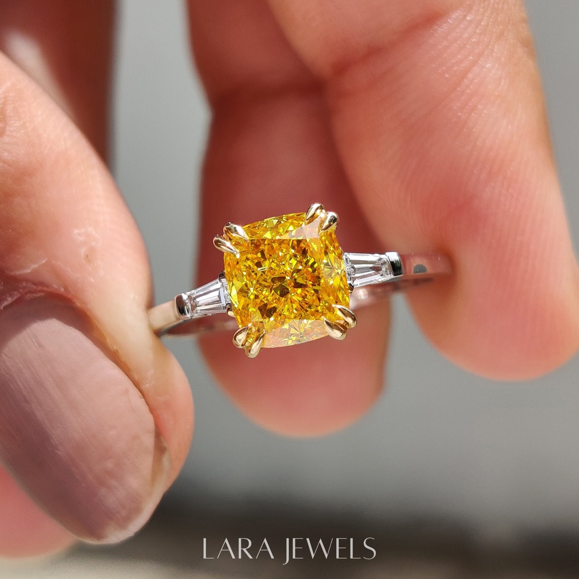 Lab grown cushion engagement ring in Cushion & Baguette, available in Silver. IGI certified, ethically sourced, handcrafted at Lara Jewels.