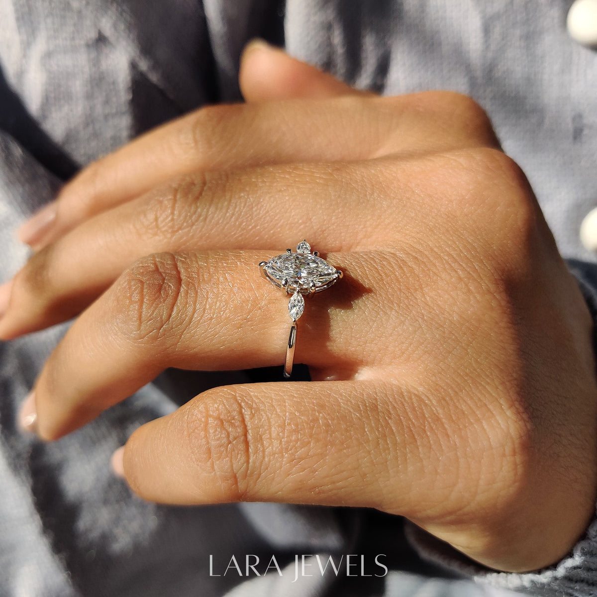 Lab grown marquise engagement ring in Yellow Gold, available in Silver. IGI certified, ethically sourced, handcrafted at Lara Jewels.