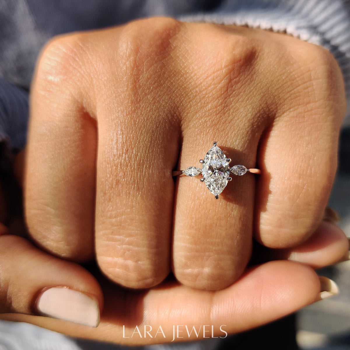 Lab grown marquise engagement ring in Yellow Gold, available in Silver. IGI certified, ethically sourced, handcrafted at Lara Jewels.