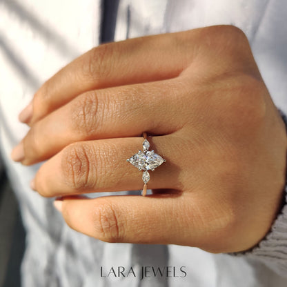 Lab grown marquise engagement ring in Yellow Gold, available in Silver. IGI certified, ethically sourced, handcrafted at Lara Jewels.