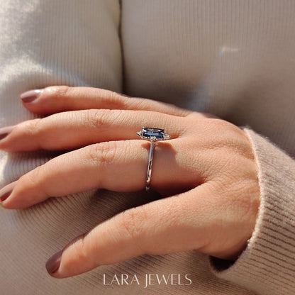 Lab grown emerald engagement ring in Lara Jewels setting, available in Silver. IGI certified, ethically sourced, handcrafted at Lara Jewels.