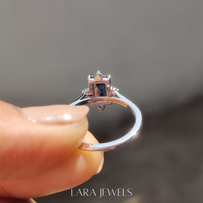 Lab grown emerald engagement ring in Lara Jewels setting, available in Silver. IGI certified, ethically sourced, handcrafted at Lara Jewels.