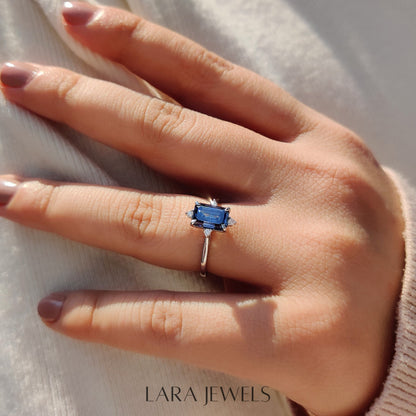 Lab grown emerald engagement ring in Lara Jewels setting, available in Silver. IGI certified, ethically sourced, handcrafted at Lara Jewels.