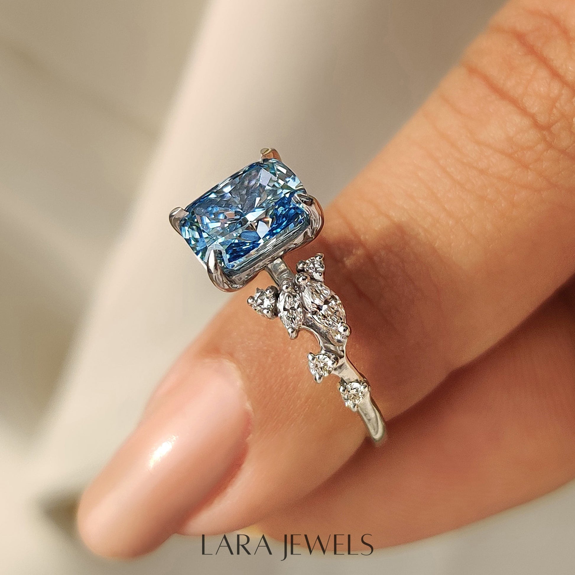 Lab grown cushion engagement ring in Cluster Setting, available in Silver. IGI certified, ethically sourced, handcrafted at Lara Jewels.
