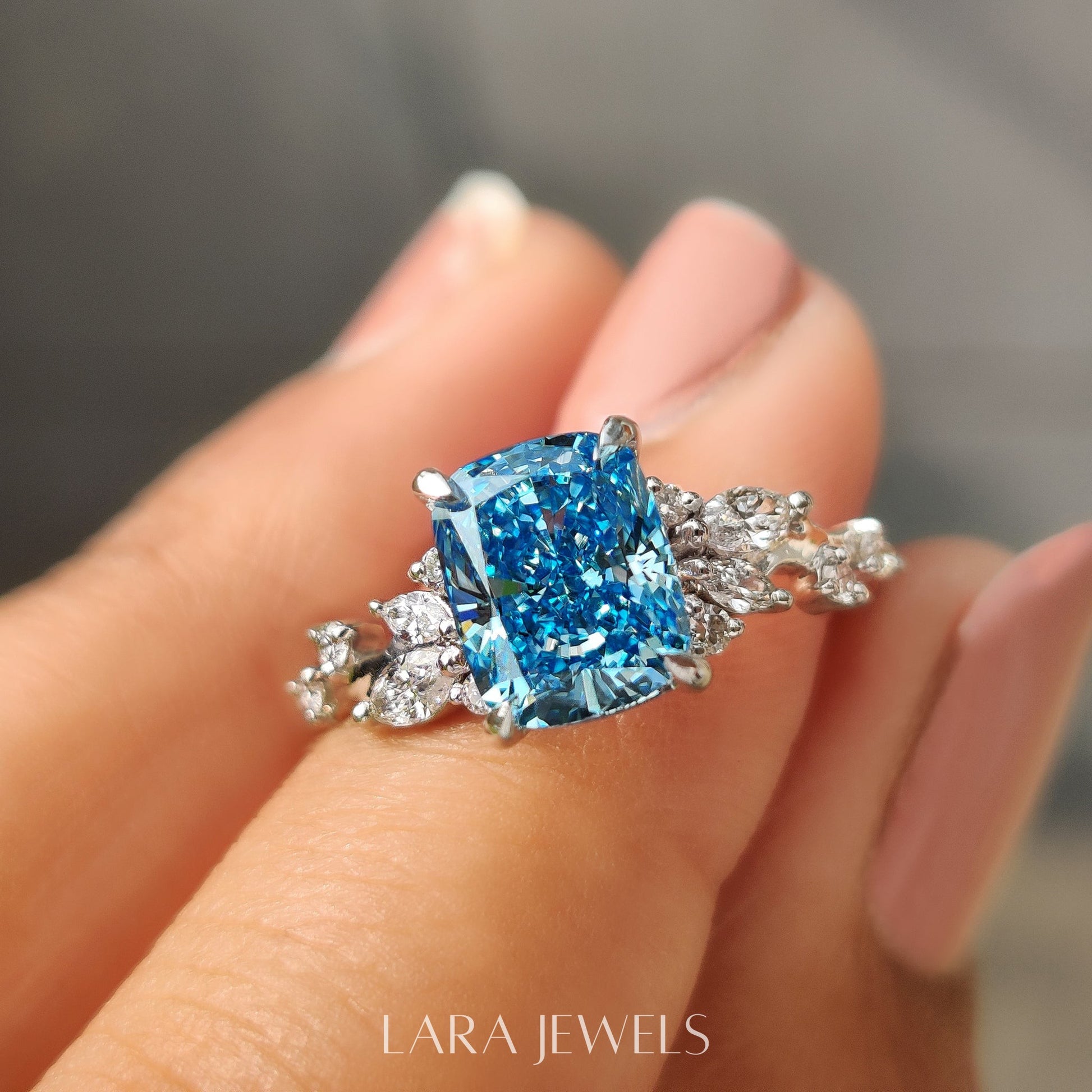Lab grown cushion engagement ring in Cluster Setting, available in Silver. IGI certified, ethically sourced, handcrafted at Lara Jewels.